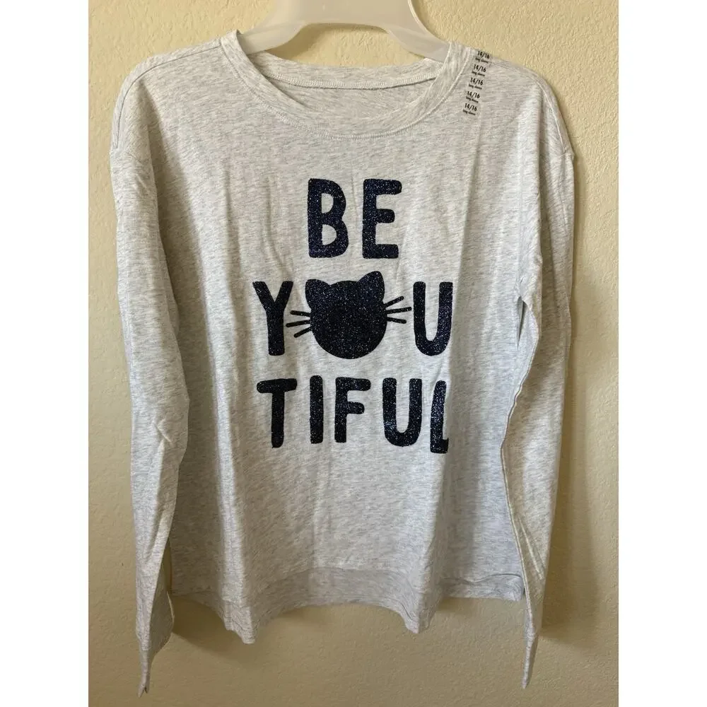 Justice Gray Blue Sparkle Be Beyoutiful Cat Girls’ Long Sleeve Top Size 14/16
